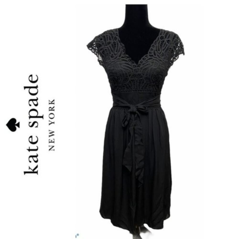 Kate Spade Macrame Black Lace Silk Midi Dress Belt Tie Women's Size 2